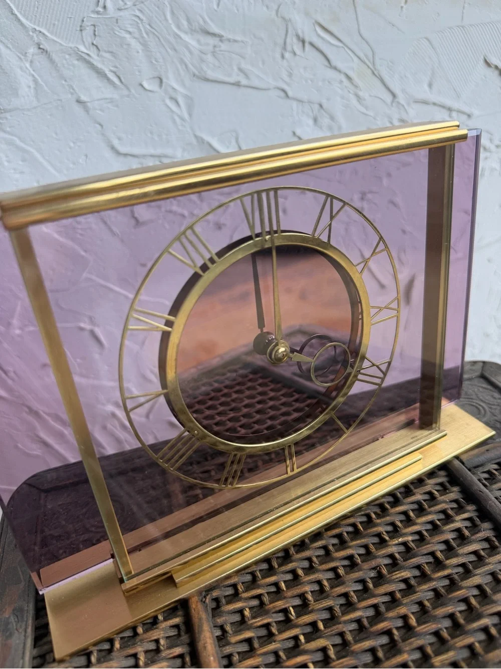 Art Deco Smiths 8 day Pink Glass & Brass Mantel Clock, c1930